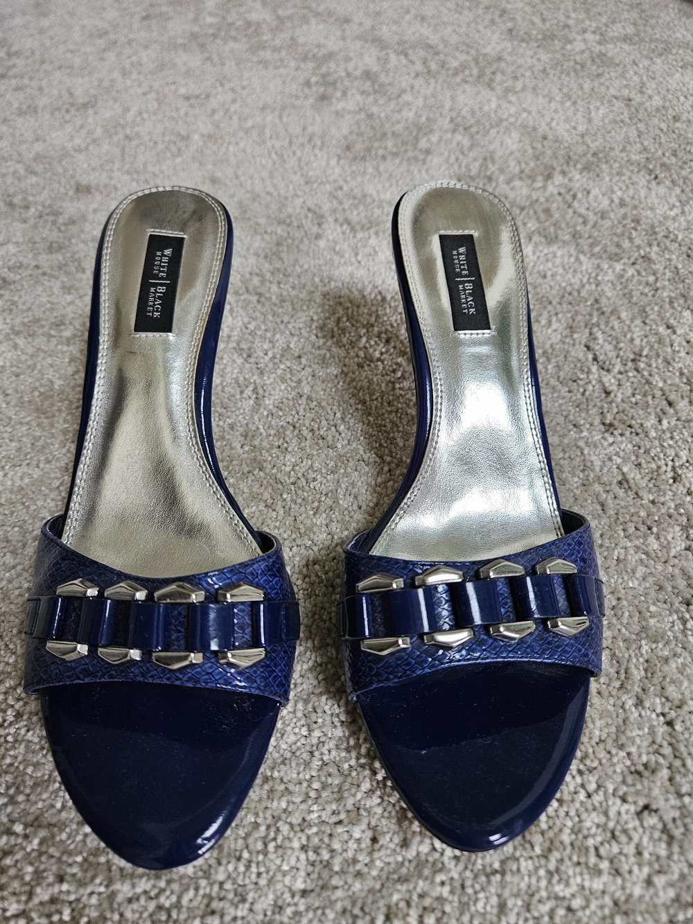 White House Black Market Navy Slide Sandals with Decorative Chain